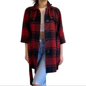 Gap Red and Black Plaid Wool Blend Belted Coat